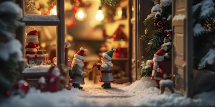 Traditional advent calendar door opening, showing a tiny festive scene inside with miniature