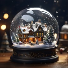 Snow globe with a tiny festive village inside, capturing the swirling snow and the light