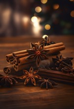 Christmas spices like cinnamon sticks, star anise, and cloves arranged on a wooden table, with soft