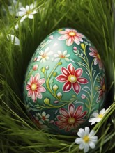 Painted Easter egg nestled in a bed of fresh green grass, showing intricate hand-painted floral