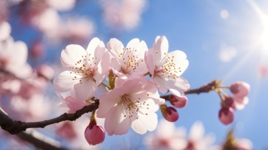 Blooming cherry blossoms with soft pink petals against a clear blue sky, with delicate sunlight