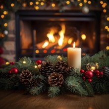 A cozy fireplace mantle decorated with pine cones, garlands, and lit candles, with a close-up focus