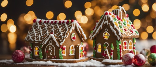 Gingerbread house decorations, focusing on the intricate icing details, colorful candy, and soft,