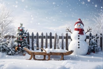 Rustic wooden sleds with frost covered branches and a snowman in the background, AI generated