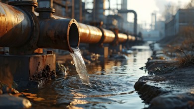 Rusty sewage pipe discharges dirty water into a stream, AI generated