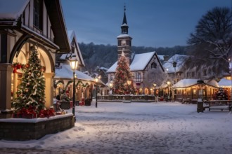 Charming village square decorated for the holidays, with snow-covered rooftops and strings of