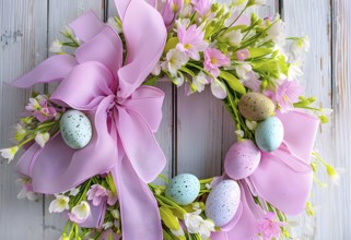 Spring wreath with pastel ribbons, speckled eggs, and blooming flowers, hanging on a wooden