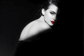 Black and white bodyscape capturing a young woman with red lips and eye shadow, AI generated