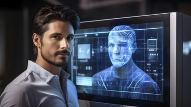 3d digital facial recognition displaying a male face with overlaid ai biometric data, AI generated