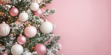 Frosted christmas tree with pink and white bauble ornaments on pink tree with copy space.