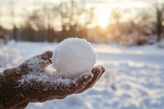 Hand in knitted glove holding snowball. Generative Ai, AI generated