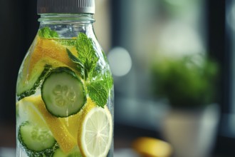 Bottle with cucumber and lemon slices and mint detox drink. Generative Ai, AI generated