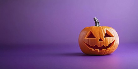 Halloween banner with orange carved pumpkin lantern on purple background with copy space.