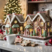 Kitchen counter filled with Christmas cookies, gingerbread houses, and mugs of hot chocolate, with