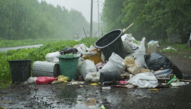 Symbolism, rubbish on the roadside in rainy weather, AI-generated, AI-generated, AI generated