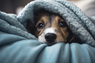 Cute dog hiding under teal blue blanket. KI generiert, generiert KI generiert, generiert AI