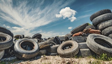 Symbolism, large junkyard with old car tyres, AI-generated, AI-generated, AI generated