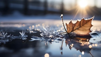 Delicate leaf resting on the surface of a frozen puddle, with intricate ice crystals forming