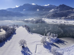 Aerial view of a lake in front of mountains in winter, snow, ice, midday light, view of Herzogstand