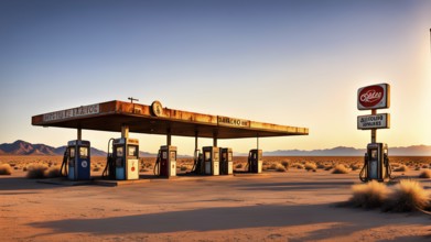 Abandoned retro gas station in the middle of a desert at sundown, with rusted gas pumps and an old