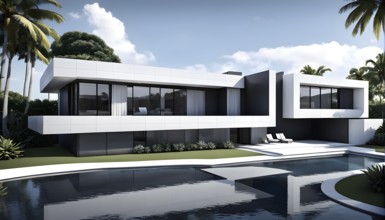 Rendering of a modern real estate residential house in clean geometric forms in black and white, AI