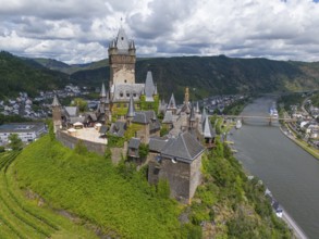 Medieval castle on a hill overlooking a river and a town, embedded in green nature and surrounded