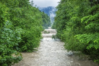 A meandering river with several waterfalls in the middle of a dense forest, Jenbach, Bad Feilnbach