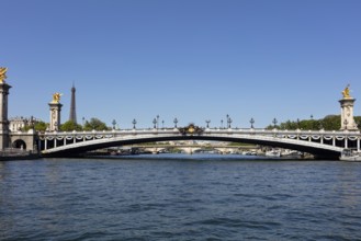 Detailed bridge over the Seine with a view of the Eiffel Tower and golden decorations, Paris