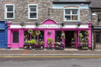 Colourful flower shop with pink façade and flowers in the shop window, charming, Macroom