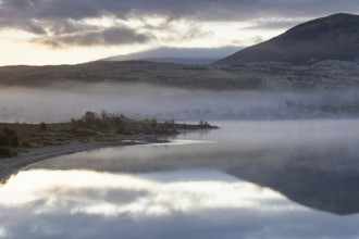 Morning mist over lake Avsjoen, Avsjøen in autumn near at Dovrefjell, Oppland, Norway, Scandinavia,