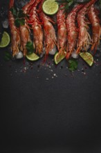 Langoustines, Australian, freshly frozen on ice, top view, lime and greens