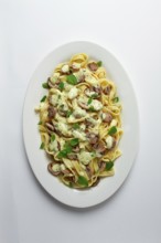 Fettuccine with champignons, basil, in cream sauce, homemade, no people