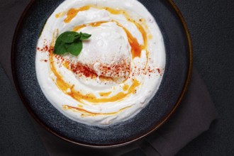 Cilbir, traditional Turkish breakfast, Turkish eggs with yogurt and butter, homemade, no people