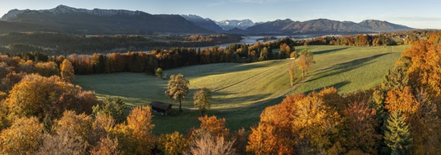 Aerial view of a mountain landscape in autumn, trees, morning light, panorama, view of Zugspitze