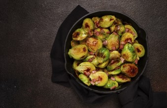 Roasted brussels sprouts, with bacon, vegetarian food, homemade, no people