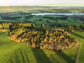 Mountain range near village Wertach, view to lake Rottachsee, aerial view, autumn colors, sunrise,