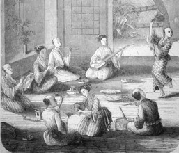 Japan in the late Middle Ages, Tea party with musicians and dancer, Illustration from 1870,