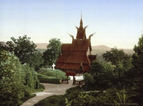 Wooden church of Bergen, Norway, View from 1885, Historical, digitally restored reproduction from a