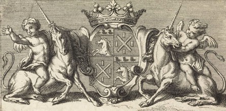 Crowned coat of arms flanked by unicorns, Paris, 1709, France, Historical, digitally restored