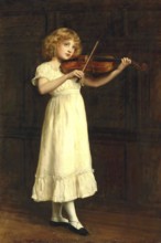 A young girl in a white dress plays the violin in a wood-panelled room. The sonatina, Girl playing