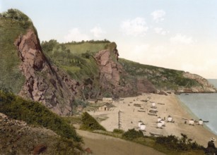 Babbacombe Beach, Torquay, England, Historical, digitally restored reproduction from a 19th century