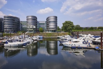 Five Boats office building by architect Sir Nicholas Grimshaw & Partners and the marina in the