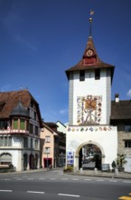 Lucerne Gate with tower clock and fresco by Seraphin Weingartner, Sempach, Canton Lucerne,