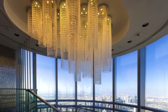 Observation deck in Dubai Burj Khalifa with scenic skyline panoramic views of city downtown and