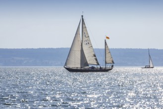 Sailing yacht underway on Lake Constance. Immenstaad, Baden-Württemberg, Germany, Europe