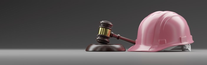 Pink hard hat and gavel on a gradated background banner with room for text or graphics