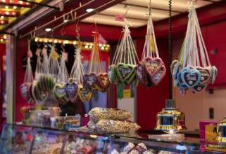 Sales stand with gingerbread hearts with inscription, I love you, popcorn, confectionery, sweets,