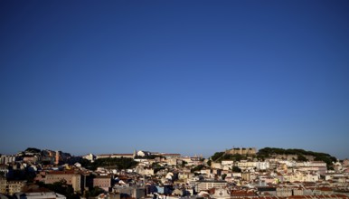 View from the viewpoint Miradouro de São Pedro de Alcântara to Castelo de São Jorge, city view,