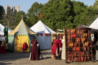 Colourful round tents, people in medieval clothing, medieval market, medieval week, fortified