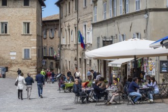 Street café on Piazza Pascoli square in Urbino, Marche, Italy, Europe